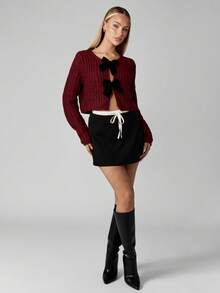 MISSGUIDED Suéter de punto grueso con abertura frontal y detalle de lazo para mujer, de manga larga, acogedor y con costillas, de moda para invierno y otoño, ideal para Navidad - Burdeos - Ver 3