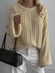 Livesso Women's Casual Everyday Commute Simple Solid Color Round Neck Dropped Shoulder Loose Cable Knit Sweater, Autumn/Winter - Khaki - View 5