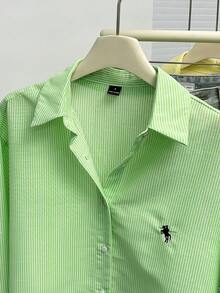 SHEIN 女士休闲通勤条纹长袖衬衫 - 薄荷綠 - 查看 3