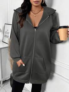 SHEIN LUNE 女式大码纯色拉链口袋连帽长袖卫衣 灰色拉链卫衣 女式大码拉链卫衣 灰色外套 秋冬女装 连帽外套 - 深灰色 - 查看 4