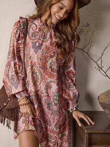 LanaWest LanaWest Women's Pattern Retro Print Ruffle Lantern Sleeve Loose Casual Dress