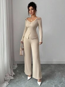 Elenzga New Stylish Elegant V-Neck Off-Shoulder Asymmetrical Hem Long Sleeve Top And Straight Leg Pants Women 2-Piece Set, Autumn - Khaki - View 5