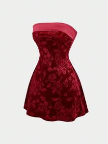 Sweetra Váy chữ A ôm sát bằng vải satin thêu hoa hồng nhung phong cách retro Mỹ gợi cảm, chất lượng cao cấp - Màu Đỏ Sâu - Xem 3