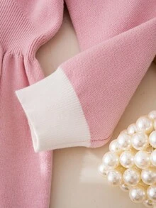 SHEIN 毛衣连衣裙，冬季服装，冬季套装，儿童冬季服装，秋季服装，万圣节，万圣节服装，圣诞节服装，休闲简约收腰长袖女童毛衣连衣裙 - 粉色 - 查看 4