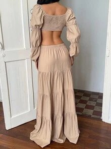 Sunnyshic Khaki,Autumn,Boho,Vacation,Holiday Women 2 Pieces Outfit Square Neck Backless Lantern Sleeve Crop Top And Layered Ruffle Patchwork Long Skirt Set - Khaki - View 2