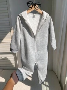 小男孩灰色拉绒厚柔软针织连帽连体裤，带拉链，适合休闲和户外穿着，秋冬 - 淺灰色 - 查看 3