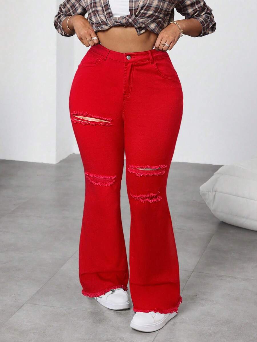 Dripcurv Calça jeans flare preta plus size com detalhes destroyed e stretch, legging jeans estilo streetwear feminino, moderna, grunge punk, streetwear, jeans Y2K para volta às aulas e look casual. - Vermelho - Ver 1
