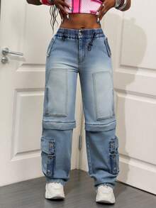 SHEIN BamGlam Women's Blue Drawstring Waist Casual Jeans - Medium Wash - View 6