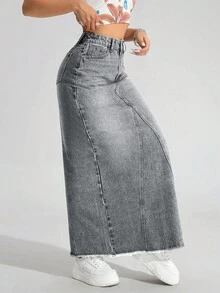SHEIN ICON 大码女式复古水洗牛仔裙，秋冬 - 淺灰色 - 查看 3