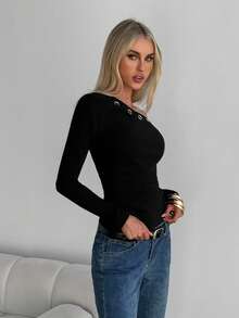 SHEIN EZwear 女士休闲纯色不对称领长袖T恤 - 黑色 - 查看 2