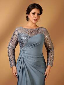 Serin Plus Size Elegant Luxury Beaded & Sequin Embellished Ruched Mermaid Hem Satin Gown, Suitable For Wedding Event, Bachelorette Party, Gala, Cocktail, Mother Of The Bride Dress