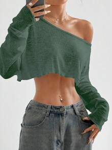 Flirla Top corto asimétrico de hombro de unicolor y sexy - Verde militar - Ver 1
