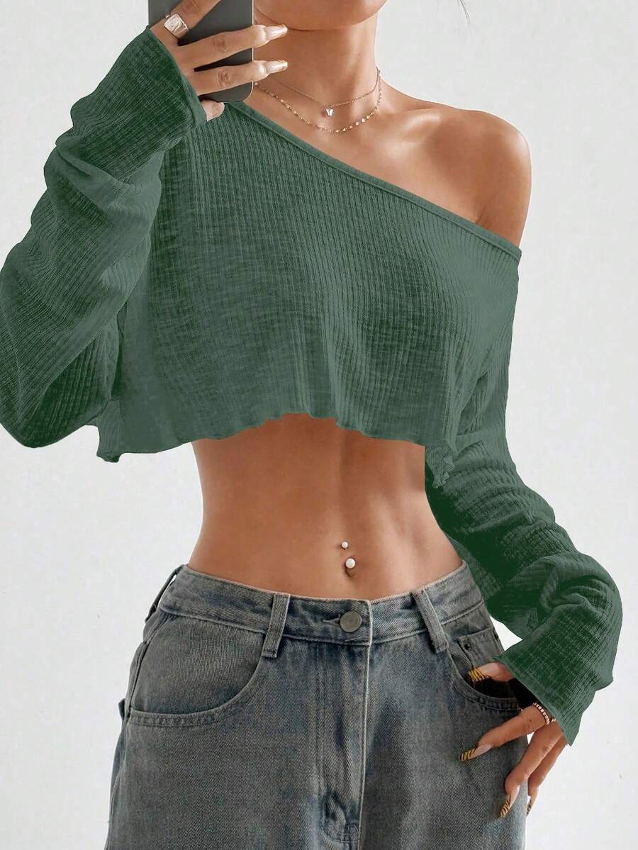 Flirla Top corto asimétrico de hombro de unicolor y sexy - Verde militar - Ver 1