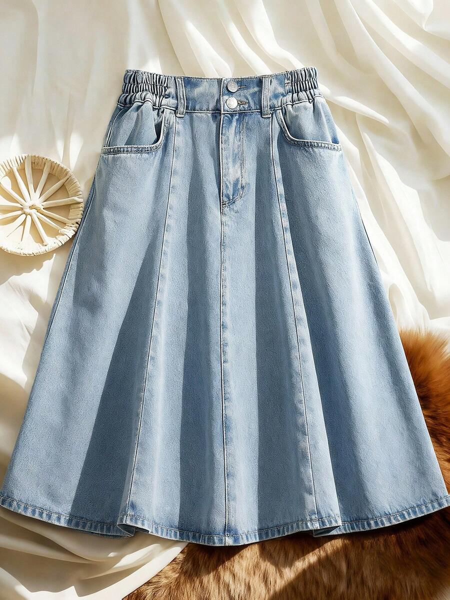 GlowEve Button Front Denim Skirt