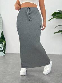 SHEIN EZwear Váy Cargo màu xám thắt nút thường ngày cho nữ cỡ lớn - Xám - Xem 5
