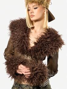 SUMWON WOMEN Women's Cropped Leather Jacket With Fur Trim Collar And Cuffs Punk Rock Festival Fashion Winter Outerwear Distressed Brown Biker Style - Brown - View 4