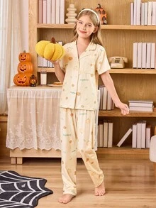 可爱菠萝印花领短袖和裤子女童睡衣套装 - 黃色 - 查看 4