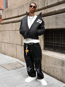 Major Grit Manfinity Streetrush Men's Warm Quilted Padded Winter Black Puffer Jacket,Black And White,Streetwear,Work Cropped Zip Up Coat With 23 Patterns Y2k - Black - View 6