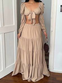 Sunnyshic Khaki,Autumn,Boho,Vacation,Holiday Women 2 Pieces Outfit Square Neck Backless Lantern Sleeve Crop Top And Layered Ruffle Patchwork Long Skirt Set - Khaki - View 3