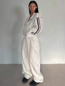 DAZY Letter Graphic Contrast Tape Drop Shoulder Jacket Linen - White - View 2