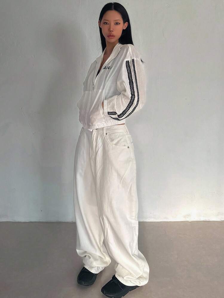 Letter Graphic Contrast Tape Drop Shoulder Jacket Linen