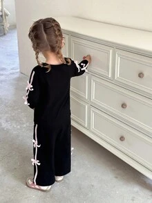 SHEIN Baby Girl Casual Set With Bow Decor Round Neck Long Sleeve T-Shirt And Pants, Autumn Fall Winter - Black - View 2