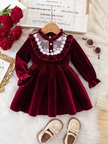 优雅天鹅绒与撞色蕾丝长袖女婴连衣裙 - 綠色 - 查看 2