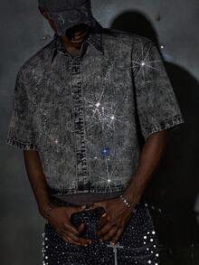 NEON BLANC Men's Casual Washed Front Button Spider Rhinestone Denim Shirt, Summer - Black - View 1