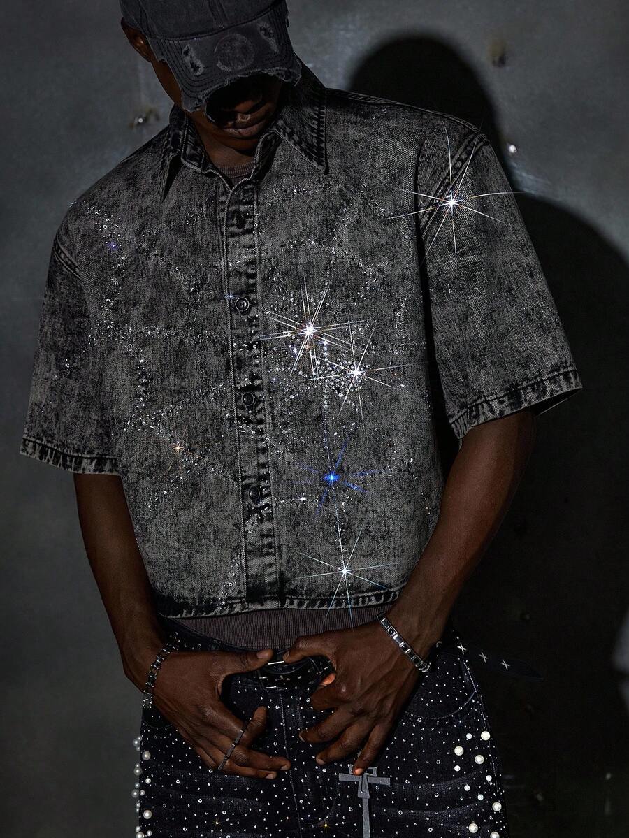 NEON BLANC Men's Casual Washed Front Button Spider Rhinestone Denim Shirt, Summer - Black - View 1