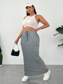 SHEIN EZwear Váy Cargo màu xám thắt nút thường ngày cho nữ cỡ lớn - Xám - Xem 3