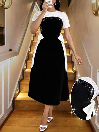 SHEIN Lady 黑白拼接优雅中长连衣裙，水钻领口细节蝴蝶结腰部细节毕业礼服婚礼宾客礼服女士生日礼服女士节日