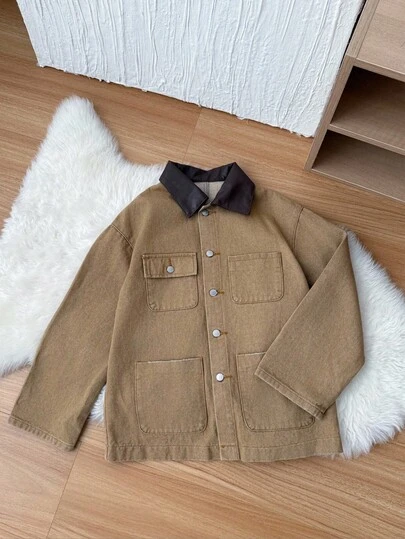 SHEIN 青少年男孩时尚休闲 Y2K 复古酷炫街头返校学院风卡其色牛仔拼接黑色撞色皮领长袖牛仔夹克，适合儿童日常穿着，柔软舒适，也适合儿童秋冬季派对、节日和街头服饰以及校园穿着。