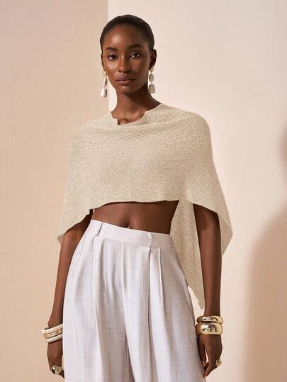 Zivah Sexy Shawl Poncho Versatile Knit Capelet Spaghetti Strap V-Neck Asymmetric Shoulder Design Top, Vacation Style