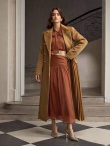 ZEYLAH Lace Patchwork Long Sleeve Flowy Blouse & Skirt Elegant 2-Piece Set - Coffee Brown - View 7