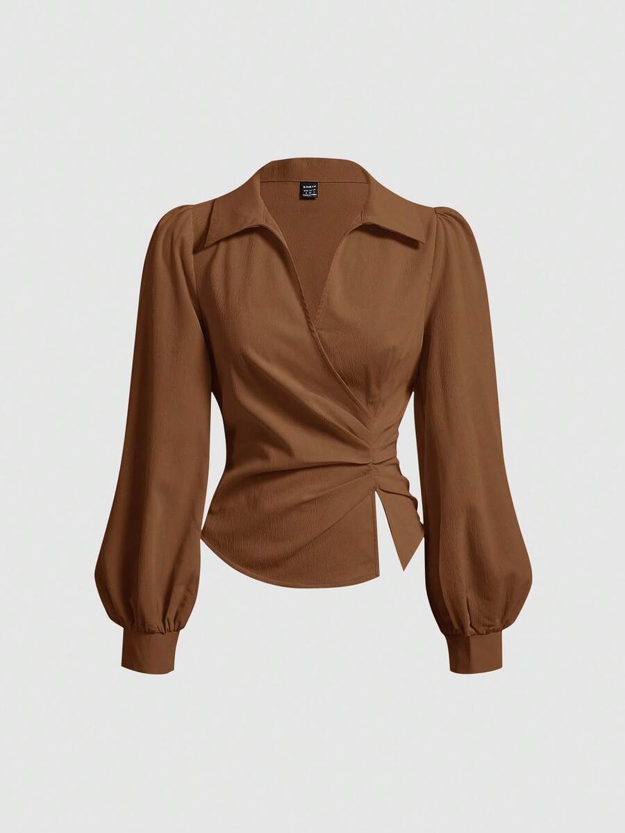 SHEIN MOD 大码女式 V 领裹身前开襟衬衫，带灯笼袖 - 棕色 - 查看 1