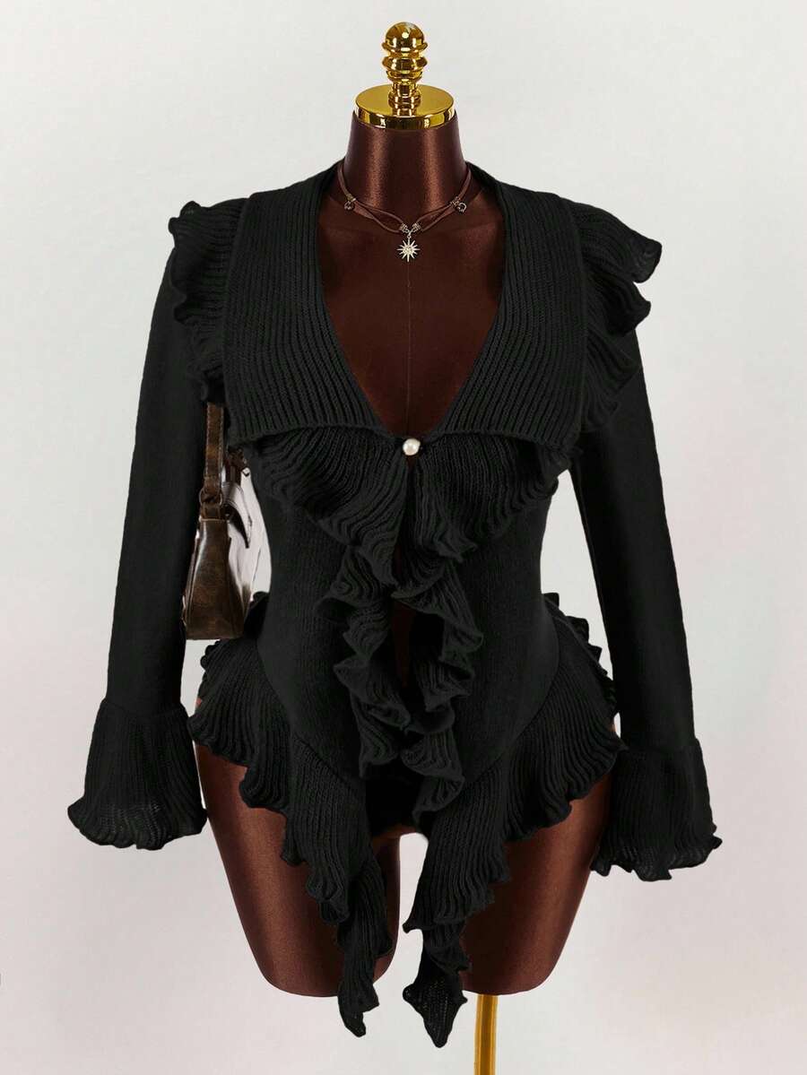 Áo khoác cardigan tay loe bèo nhún thời trang thu đông gợi cảm và ngọt ngào cho nữ cỡ lớn - màu đen - Xem 1
