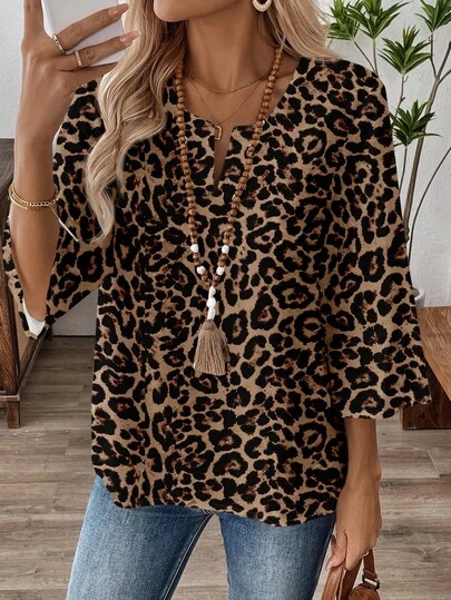 EMERY ROSE Camisa de trabajo de mujer con cuello en V y manga 3/4 con estampado de leopardo, adecuada para el invierno, Blusa con estampado de leopardo, Blusa con estampado de guepardo, Blusa con estampado de leopardo, Informal