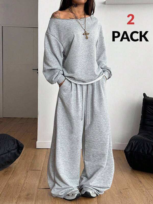 Coolane Women's Fall/Winter All-Season Streetwear Going Out Off Shoulder Long Sleeve Grey Sweatshirt And Elastic Waistband High Waisted Grey Pants Two Pieces Outfits