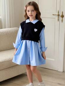 SHEIN Sparklyn 年轻女孩休闲优雅都市通勤学校宽松肩部无袖背心运动衫和蓝色长袖衬衫连衣裙两件套，适合秋季、冬季、学校、毕业、日常穿着、运动、度假、夏季、旅行