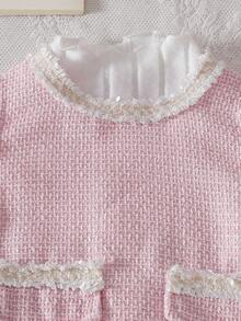 SHEIN Elladie kids 2 件套女婴秋冬校服套装，3 个月 - 3 岁，白色多层荷叶边网眼蛋糕裙连衣裙和粉色无袖高领罗纹针织上衣，舒适时尚 - 彩色 - 查看 6