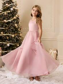 少女甜美公主风单肩缎面网纱无袖连衣裙，配蝴蝶结，适合婚礼、花童、生日派对、圣诞节、万圣节、毕业典礼等秋冬季场合。 - 粉色 - 查看 5