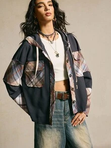 SoleilVie 女式格子拼布宽松夹克 - 深灰色 - 查看 6