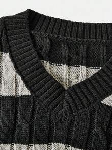 SHEIN 少女条纹V领学院风撞色修身舒适套头针织毛衣秋冬 - 黑色 - 查看 3