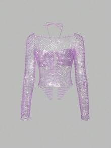 SHEIN Unity Women's Rhinestone Fishnet Cropped Top, Suitable For Bar, Party, Music Festival - Dusty Purple - View 2