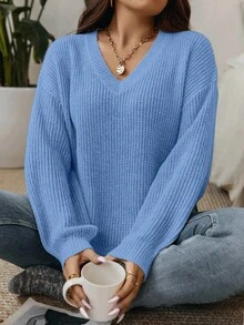 Calvaya Suéter informal de talla grande de unicolor con cuello en V y hombros caídos, otoño/invierno - Celeste - Ver 1