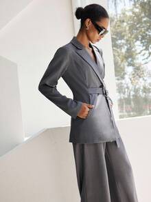 Lumivelle 女士简约通勤套装，配装饰扣腰带，宽松版型，及踝长度，秋冬 - 深灰色 - 查看 4