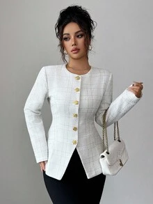 Rafferiza 优雅通勤简约时尚粗花呢格子单排扣夹克外套，新款秋冬女装金属纽扣短款夹克 - 白色 - 查看 5