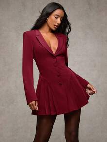 SHEIN BAE Women's Elegant Solid Color Ruffled Hem Blazer For Autumn - Burgundy - View 2