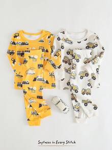 Cozy Pixies 4 pezzi Set pigiama aderente per bambino, stampa di dinosauri cartoni animati, maglia in morbido tessuto a maglia con collo a giro e pantaloni lunghi in vita elastica