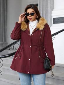 SHEIN Clasi Curve 大码女式日常休闲酒红色拉链连帽抽绳收腰长袖防风外套，带口袋、加热毛领和加热毛绒内衬，加厚保暖内衬提供额外保暖防风，温暖防寒，2025 新款，舒适保暖，大码女式长袖口袋休闲外套，适合秋季、冬季穿着，复古风格，适合外出穿着。 - 酒紅色 - 查看 6